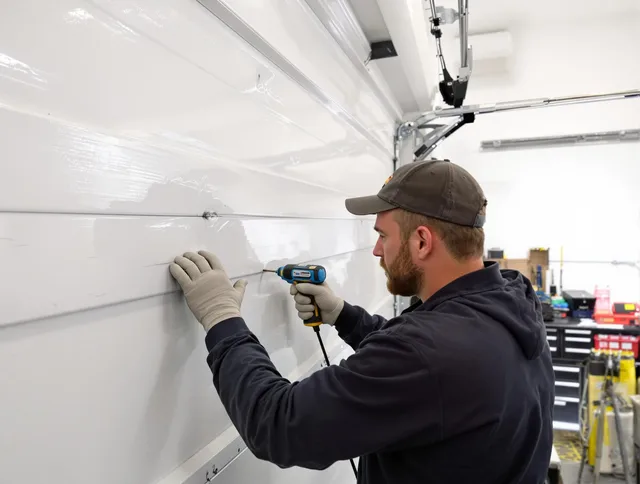 Naugatuck Garage Door Repair technician demonstrating precision dent removal techniques on a Naugatuck garage door