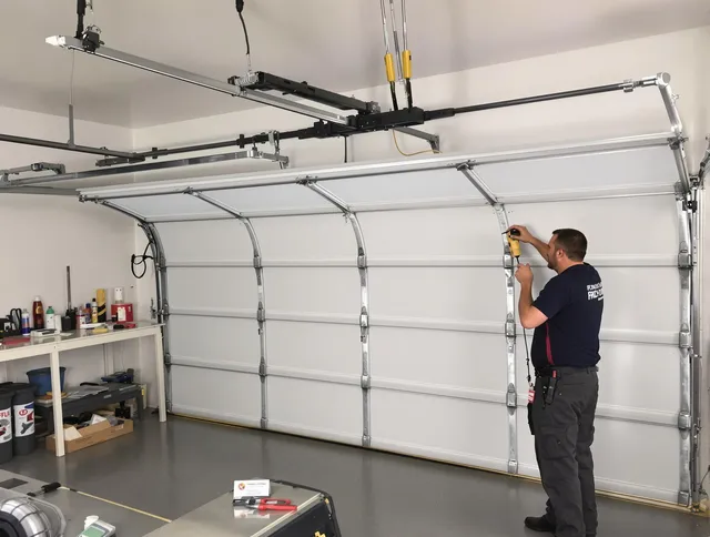 Naugatuck Garage Door Repair certified technician performing overhead door system repair in Naugatuck