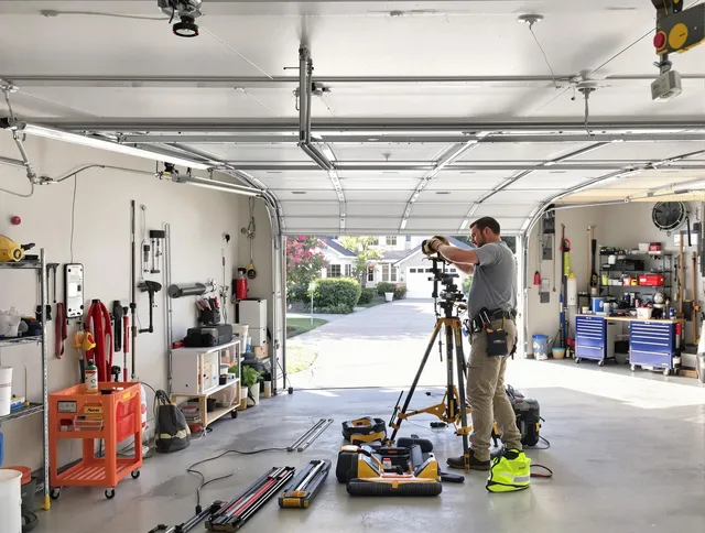 Naugatuck Garage Door Repair specialist performing laser-guided track alignment in Naugatuck